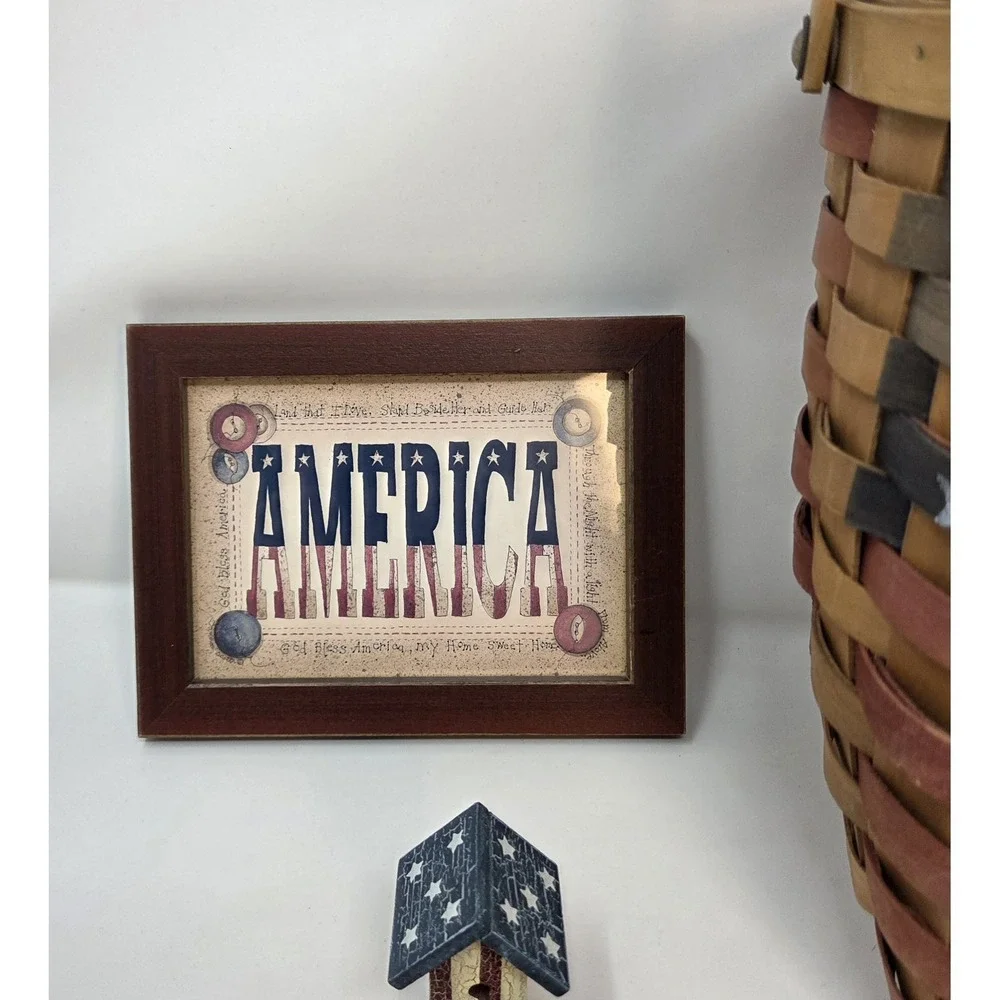 Primitive Americana Patriotic Decor Lot 7pc Basket Sign Birdhouse Star Pails